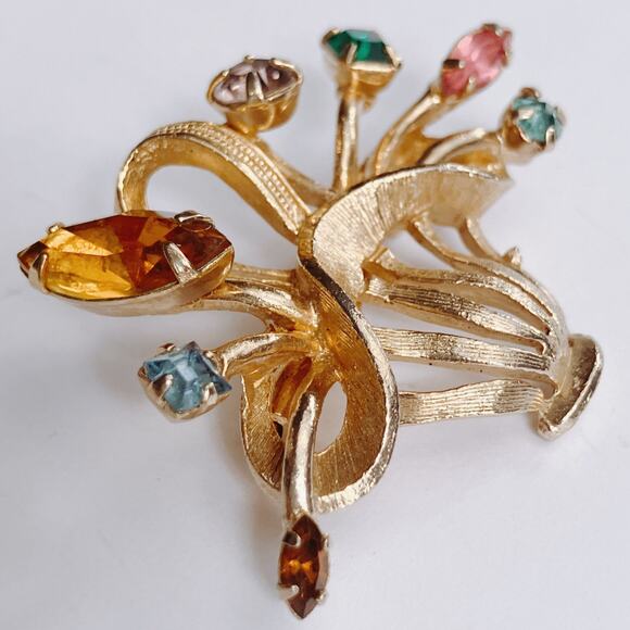 Vintage Mid Century Floral Basket Brooch Gold Tone Rhinestone 1950s 1960s - Picture 3 of 10